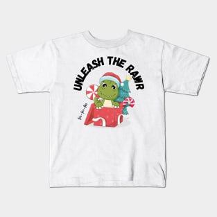 Unleash the Rawr, Christmas Dino Kids T-Shirt